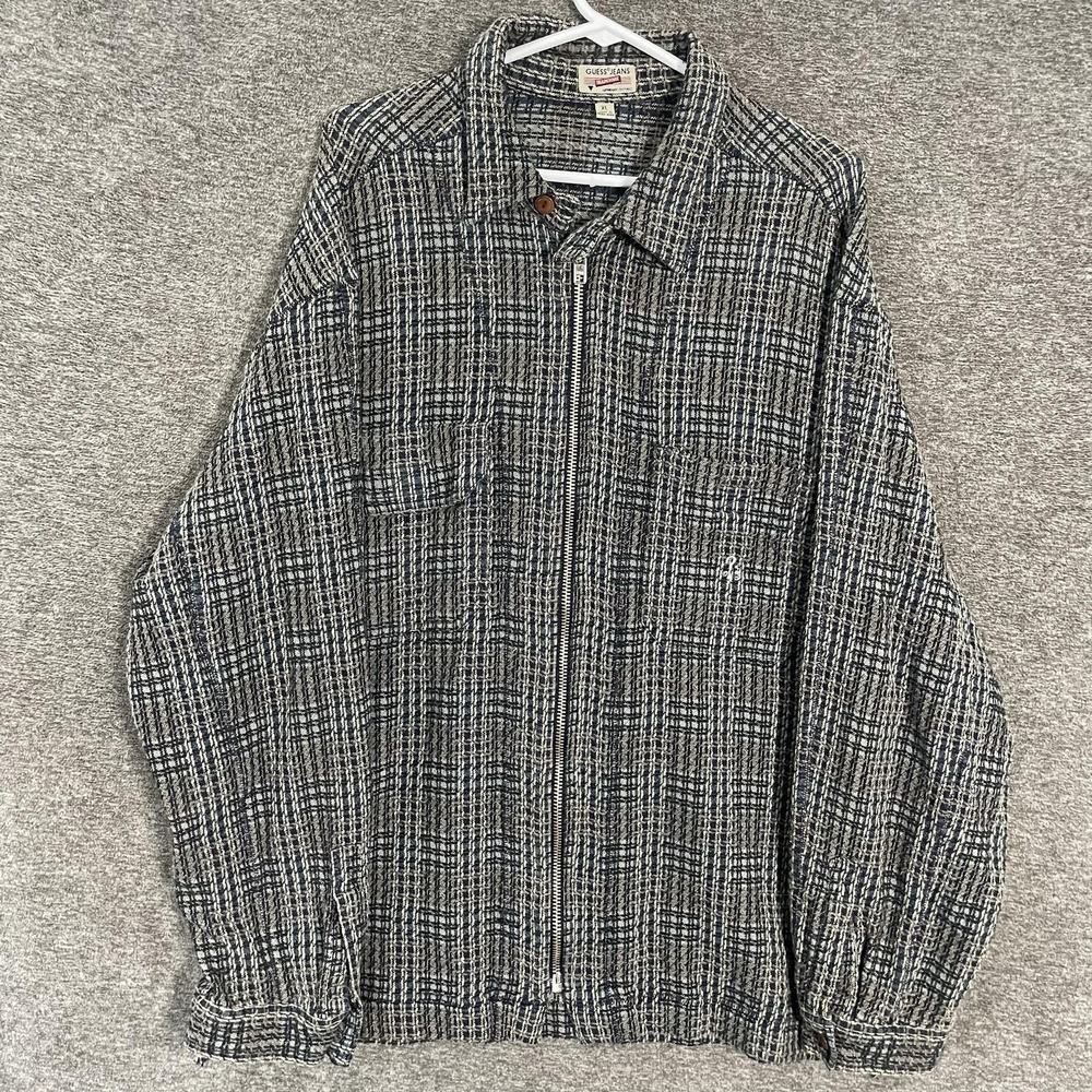 Vintage Guess Jeans Jacket Mens XL Knit Plaid Cotton Full Zip Hong Kong 90s